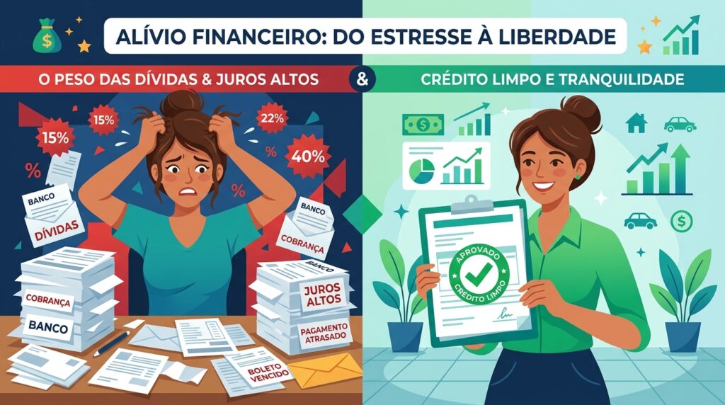 Ilustração dividida em duas metades contrastantes sob o título "Alívio Financeiro: Do estresse à liberdade". A metade esquerda, com fundo vermelho e intitulada "O peso das dívidas & juros altos", mostra uma mulher desesperada puxando os cabelos em uma mesa lotada de contas, boletos vencidos e cartas de cobrança de banco, cercada por altas taxas de porcentagem. A metade direita, com fundo verde e intitulada "Crédito limpo e tranquilidade", mostra uma mulher calma e sorridente segurando uma prancheta com um grande selo verde de "Aprovado - Crédito Limpo", acompanhada de ícones de gráficos em ascensão, uma casa e um carro.