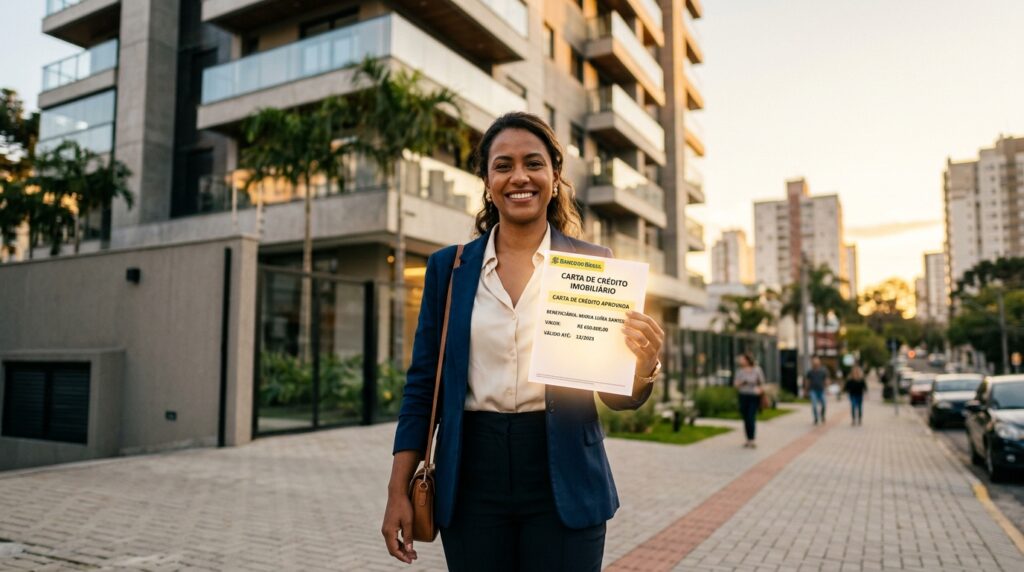 Fotografia ao ar livre de uma mulher de negócios sorridente, vestindo blazer azul escuro e camisa branca, em pé na calçada de uma cidade iluminada pela luz do entardecer. Ela segura orgulhosamente um documento impresso voltado para a câmera onde se lê "Carta de Crédito Imobiliário - Carta de Crédito Aprovada", com o logotipo do Banco do Brasil, indicando o valor de R$ 450.000,00. Ao fundo, é possível ver prédios modernos, árvores e carros na rua.