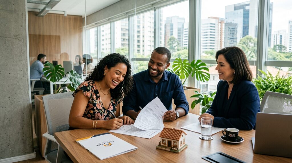 Fotografia de um casal negro sorridente assinando um contrato em uma mesa de escritório, acompanhados por uma consultora de cabelos escuros que também sorri satisfeita. Sobre a mesa de madeira, há documentos, uma pequena casa em miniatura, uma xícara de café, um notebook e uma pasta com o logotipo "Casa Feliz". O ambiente é um escritório corporativo moderno e amplo, bem iluminado por grandes janelas de vidro com vista para prédios da cidade.