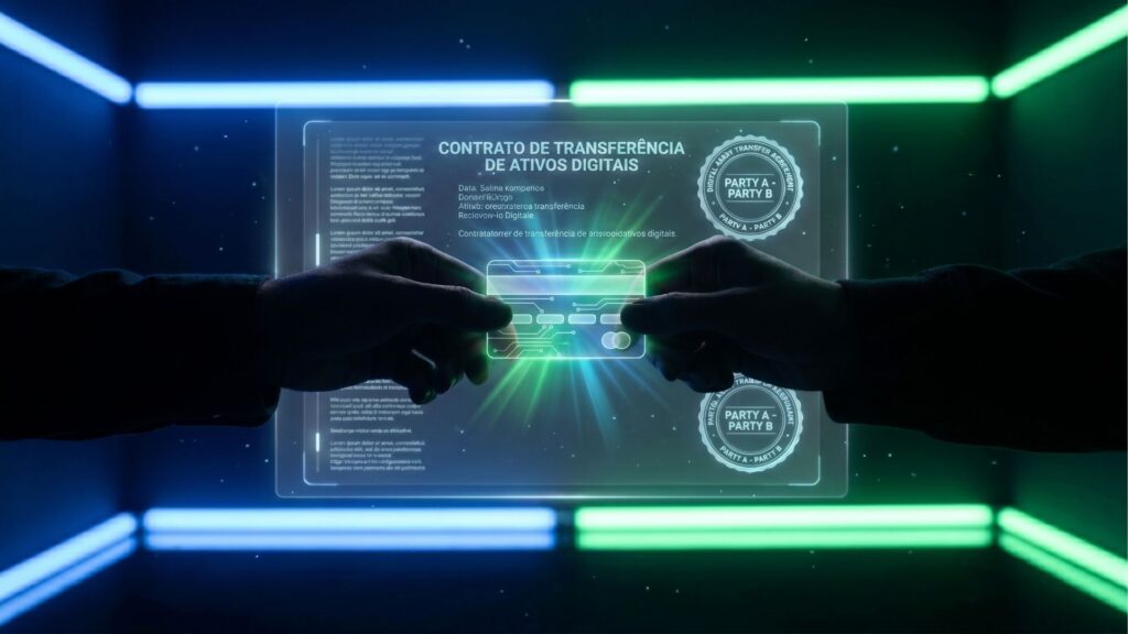 Ilustração com estética futurista e iluminação neon azul e verde em um ambiente escuro. Duas mãos em silhueta, uma de cada lado, seguram juntas um cartão holográfico brilhante com desenhos de placas de circuito. Atrás do cartão, flutua uma grande tela holográfica exibindo o título "CONTRATO DE TRANSFERÊNCIA DE ATIVOS DIGITAIS", acompanhado de textos genéricos e dois selos circulares onde se lê "PARTY A - PARTY B".