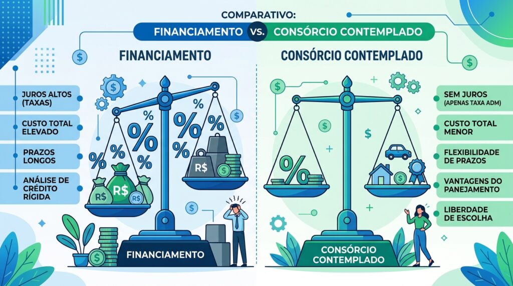 Infográfico intitulado "Comparativo: Financiamento vs. Consórcio Contemplado". O lado esquerdo, com tons de azul, representa o "Financiamento" e mostra uma balança pendendo para o lado de grandes pesos com símbolos de porcentagem (%) esmagando sacos de dinheiro, listando: "Juros altos (taxas)", "Custo total elevado", "Prazos longos" e "Análise de crédito rígida", com um homem estressado abaixo. O lado direito, em tons de verde, representa o "Consórcio Contemplado" com uma balança equilibrada entre um símbolo de % e ícones de casa e carro. Suas vantagens listam: "Sem juros (apenas taxa adm)", "Custo total menor", "Flexibilidade de prazos", "Vantagens do planejamento" e "Liberdade de escolha", com uma mulher sorridente e tranquila apontando para as qualidades.