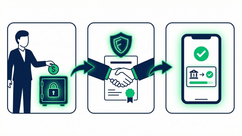 Ilustração de um processo de transação financeira em três etapas, conectadas por setas verdes. No primeiro quadro à esquerda, a figura de um homem de terno insere uma moeda em um cofre com um cadeado brilhante em verde. No quadro central, há uma ilustração de um aperto de mãos sobre um contrato com selo, protegido por um ícone de escudo verde brilhante no topo. No terceiro quadro à direita, um smartphone exibe um grande sinal de visto verde e um ícone de transferência bancária concluída.