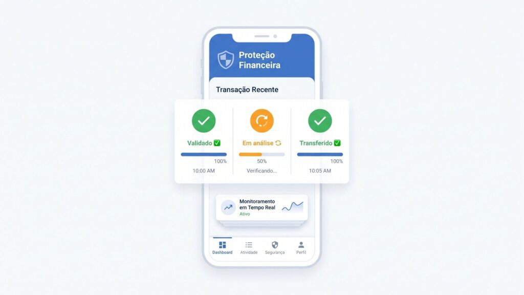 Mockup digital de um smartphone com interface de aplicativo flutuando sobre um fundo claro. O topo da tela exibe um escudo azul com o título "Proteção Financeira" e "Transação Recente". Sobrepostos ao celular, há painéis flutuantes mostrando um fluxo de processo: o primeiro à esquerda mostra um visto verde e a palavra "Validado"; o central mostra um ícone laranja de atualização e "Em análise"; o da direita mostra outro visto verde e "Transferido". Abaixo, um painel menor indica "Monitoramento em Tempo Real - Ativo" acompanhado de um pequeno gráfico de linha.