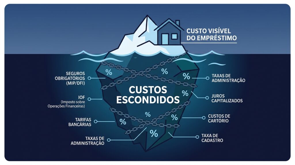 Ilustração de um iceberg em um oceano escuro, usada como metáfora financeira. A pequena ponta visível acima da água tem o desenho de uma casa e o texto "Custo Visível do Empréstimo". A parte submersa do iceberg, que é gigantesca e está envolta por pesadas correntes metálicas, traz o texto "Custos Escondidos". Ao redor da parte submersa, linhas apontam para diversas taxas invisíveis: Seguros obrigatórios (MIP/DFI), IOF (Imposto sobre Operações Financeiras), Tarifas bancárias, Taxas de administração, Juros capitalizados, Custos de cartório e Taxa de cadastro.