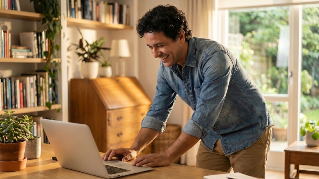 Fotografia de um homem sorridente em pé diante de uma mesa de madeira, digitando em um notebook. Ele veste uma camisa jeans azul com as mangas dobradas e calça bege. O ambiente é acolhedor e bem iluminado pela luz natural do sol, parecendo um escritório em casa ou sala de estar, com uma estante de livros, plantas e uma janela ao fundo.