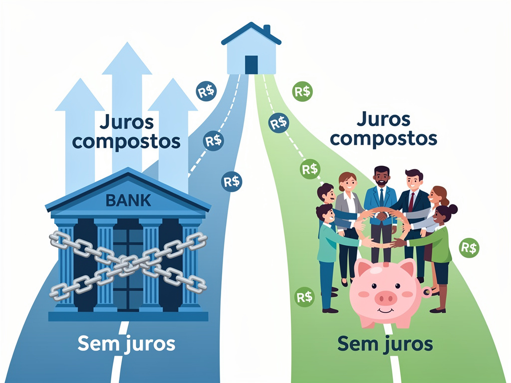 Positioned after the introduction and before the section explaining how each modality works. Illustrates the contrast between a bank/financing path and a consortium path. consórcio