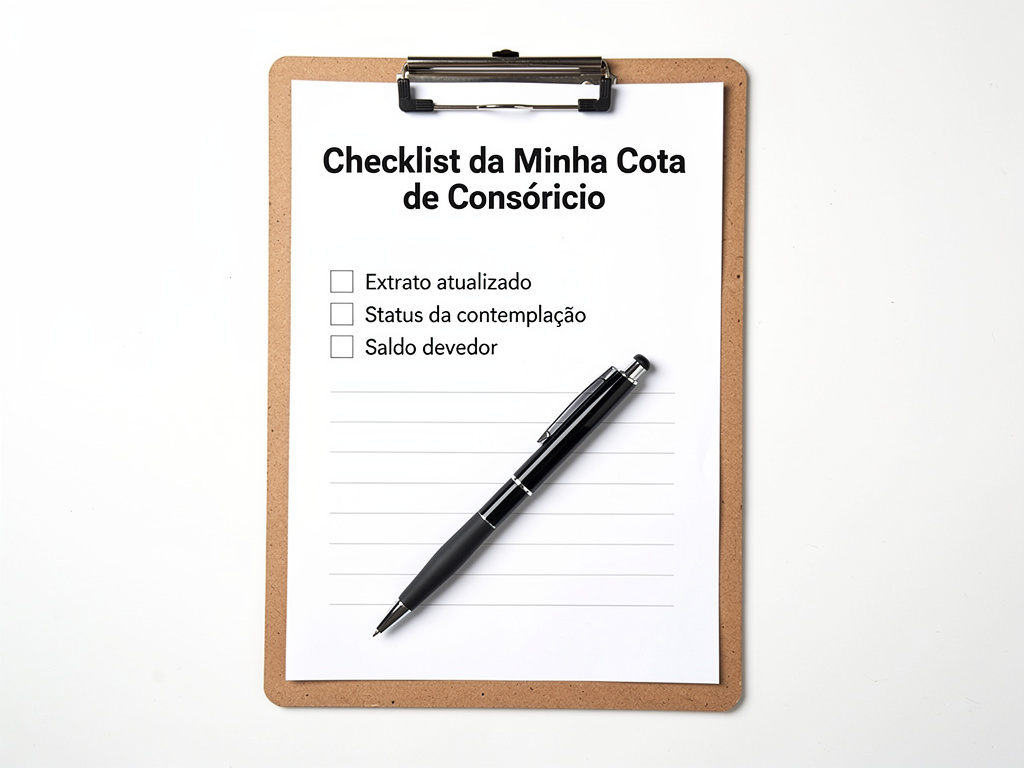 Positioned after the checklist section, before the comparison between selling, cancelling, or continuing. Should represent a checklist or organized decision-making process. vender meu consórcio