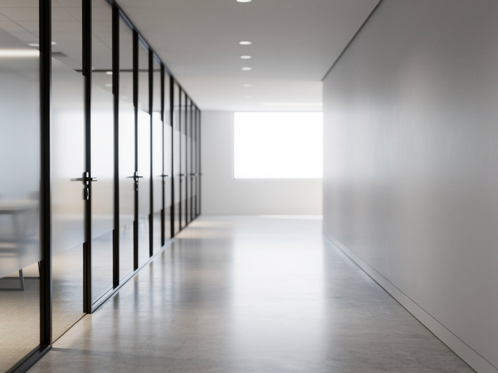 corredor de prédio comercial vazio com portas envidraçadas e iluminação suave ao fundo