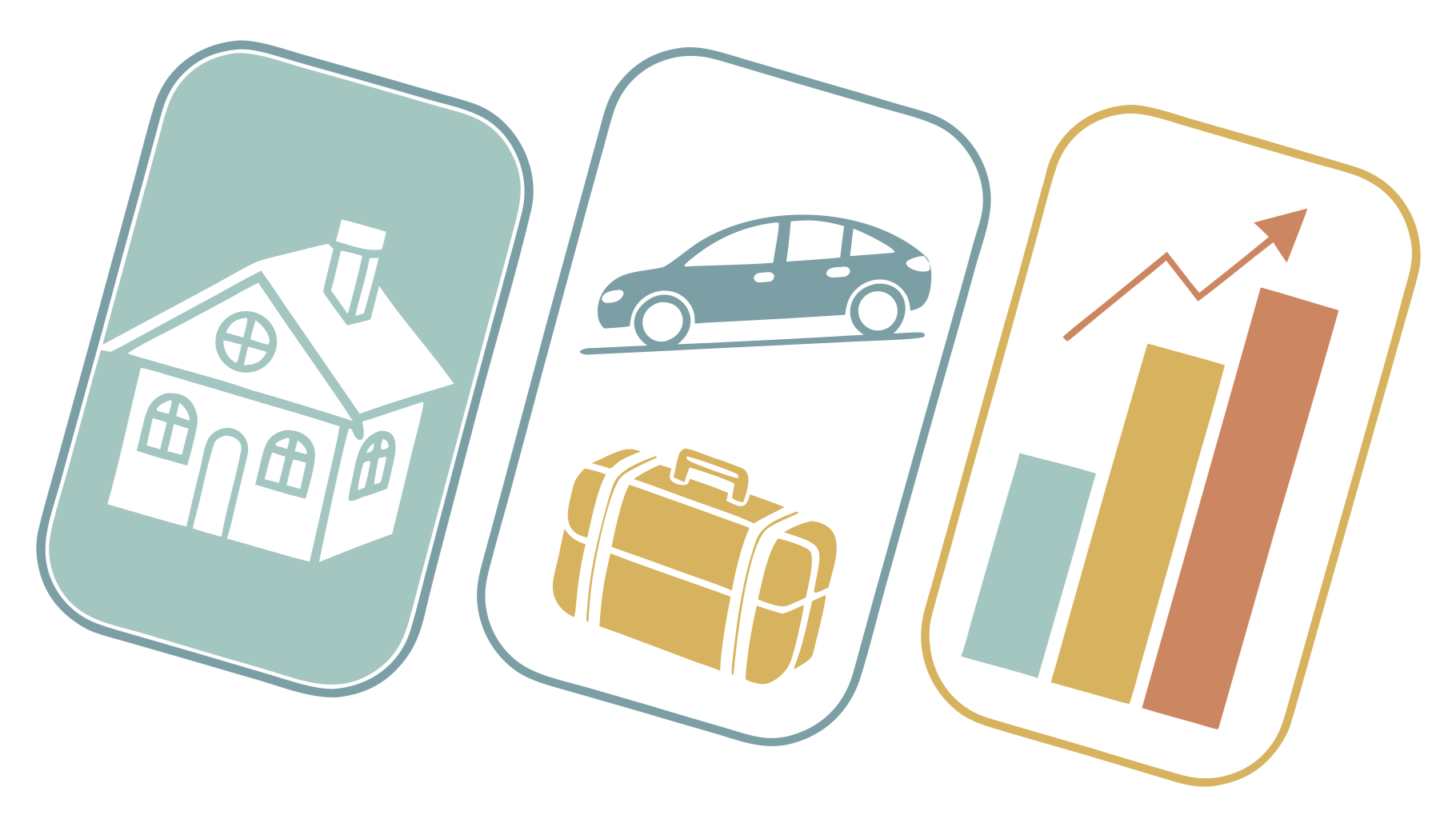 ilustração vetorial com ícones de casa, carro e mala representando as três modalidades de consórcio