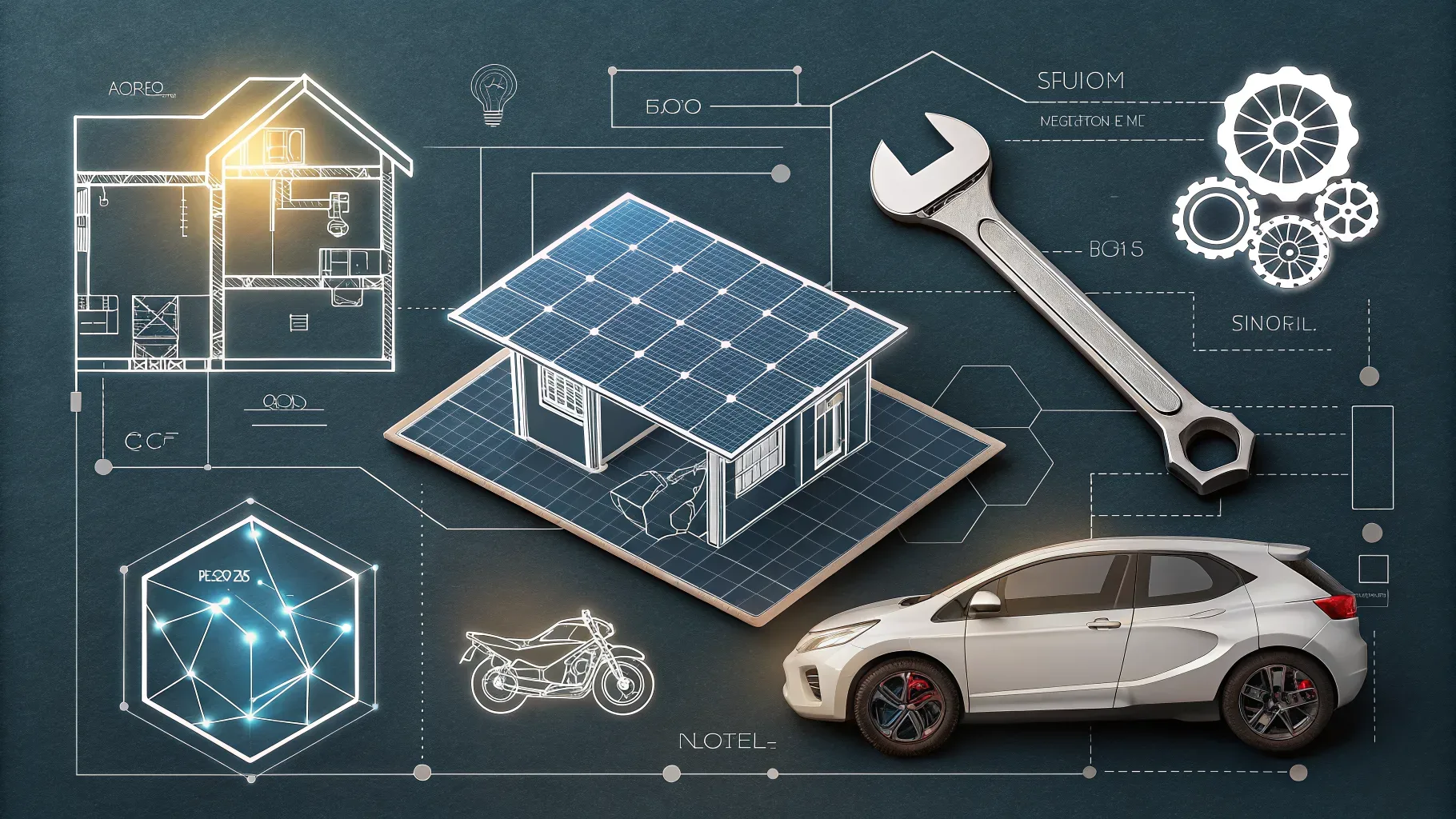 ícones ilustrados de bens como imóvel, carro, placa solar e moto dispostos em grade sobre fundo escuro com detalhes em verde