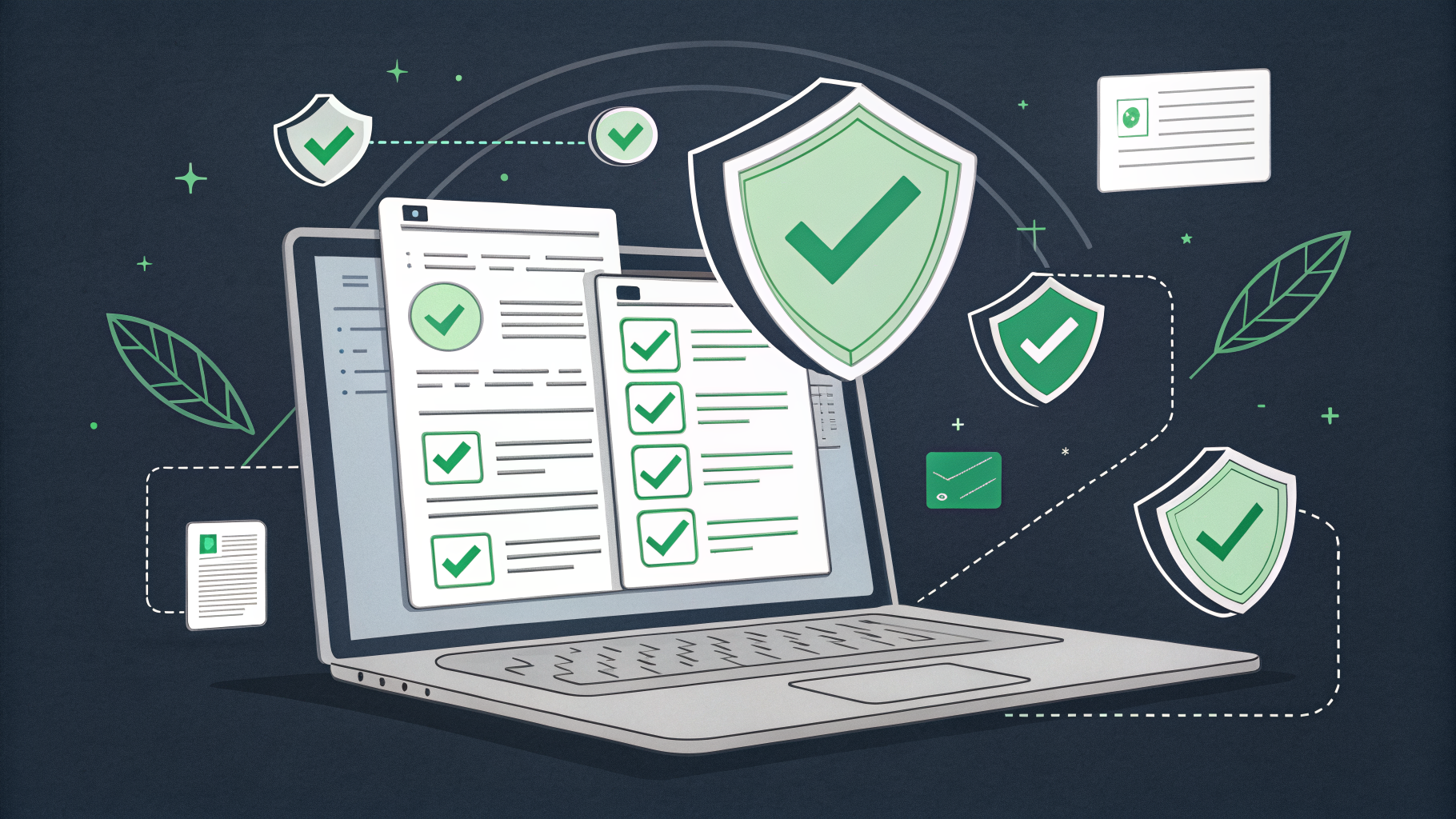 interface digital ilustrada com ícones de verificação em verde sobre fundo escuro, representando consulta em sistema online