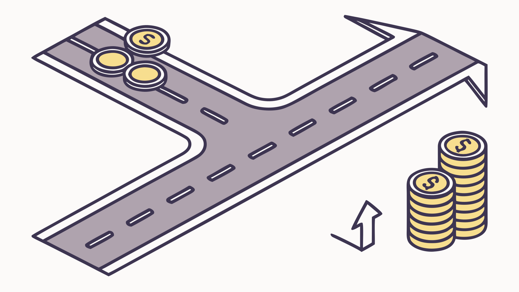 ilustração vetorial de dois caminhos divergentes com pilhas de moedas representando custos fixo e variável