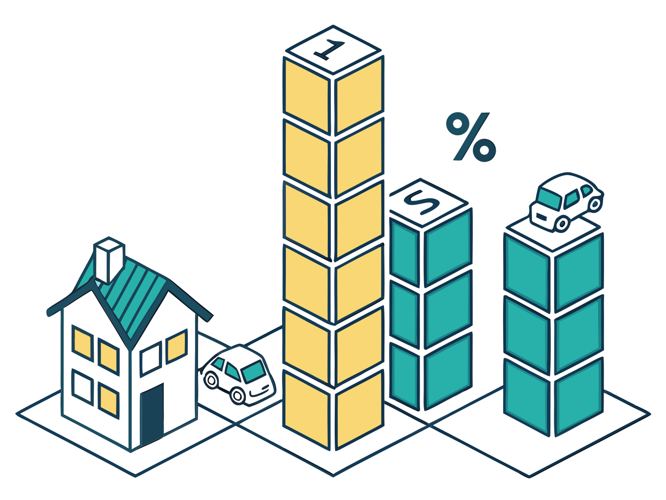 ilustração vetorial de blocos geométricos coloridos empilhados em alturas diferentes sobre fundo branco representando