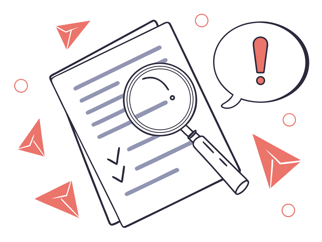 ilustração vetorial de lupa sobre documento com ícones de alerta em vermelho