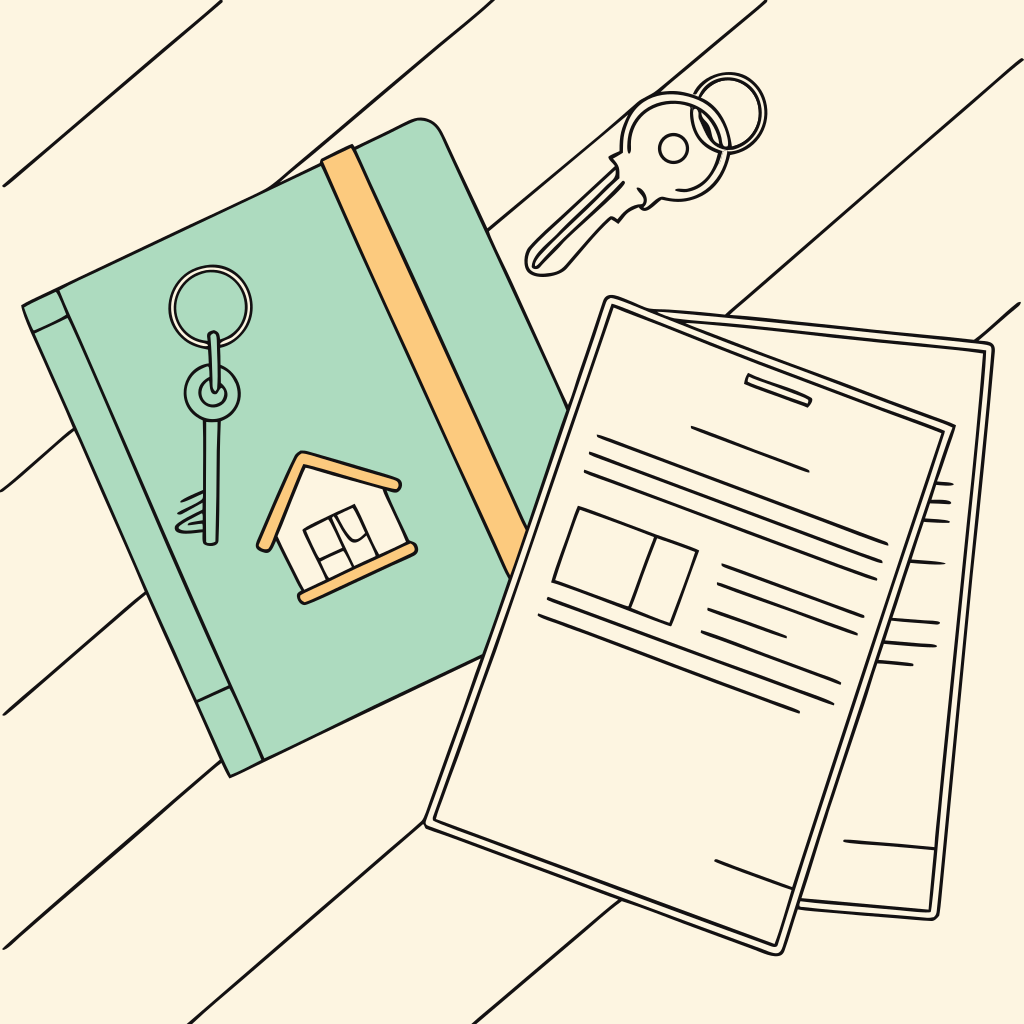 pastas de documentos, chave de imóvel e clipe sobre superfície de madeira clara, ilustração vetorial
