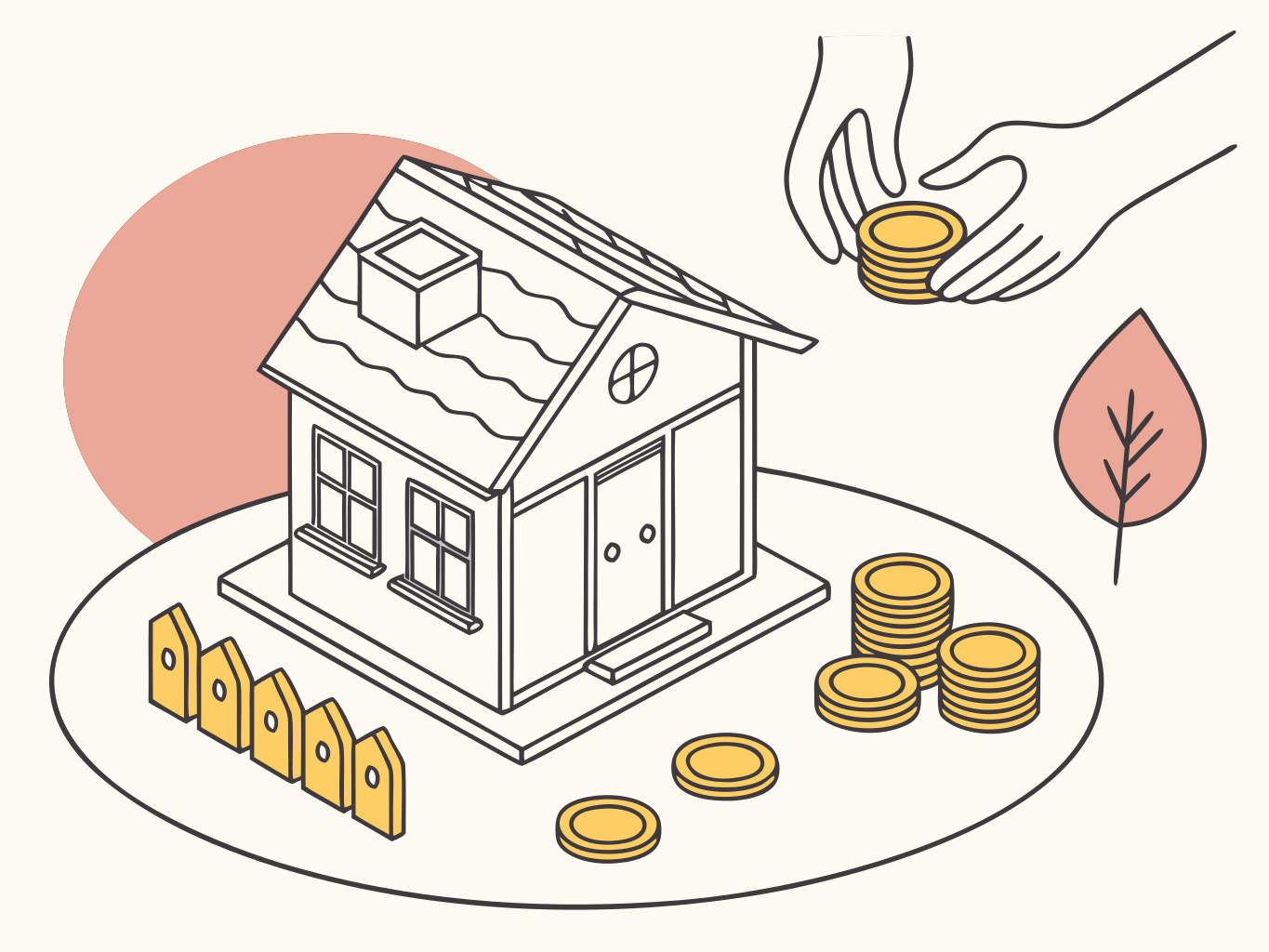 miniatura de casa geométrica com moedas douradas ao redor, sobre superfície branca, ilustração vetorial flat