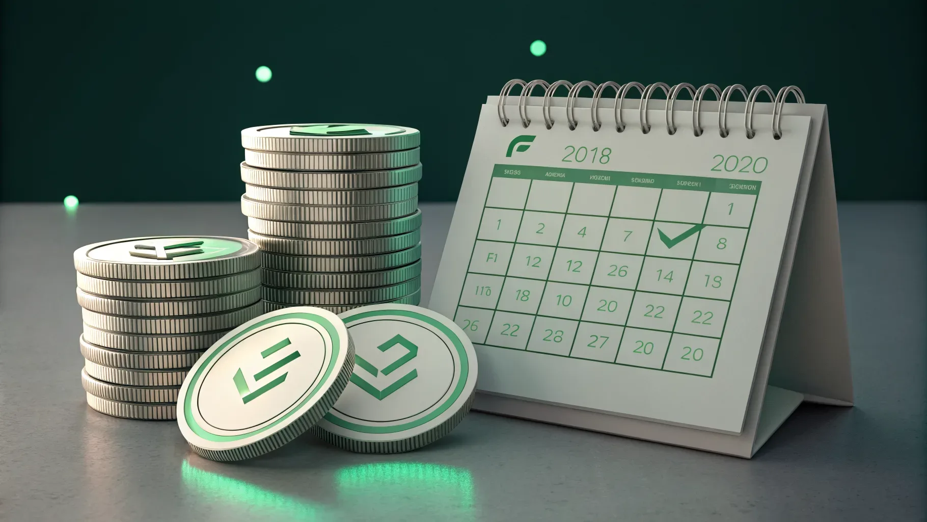 como funciona consórcio: ilustração de pilha de moedas estilizadas e calendário mensal com destaques em verde representando parcelas