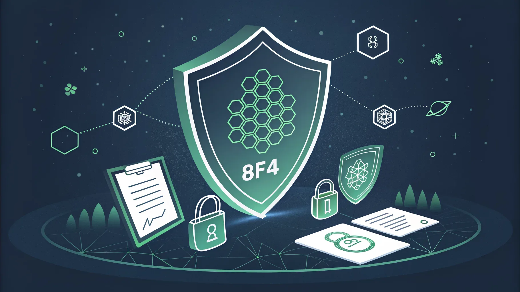 ilustração digital de escudo com elementos de proteção financeira em verde sobre fundo azul-escuro