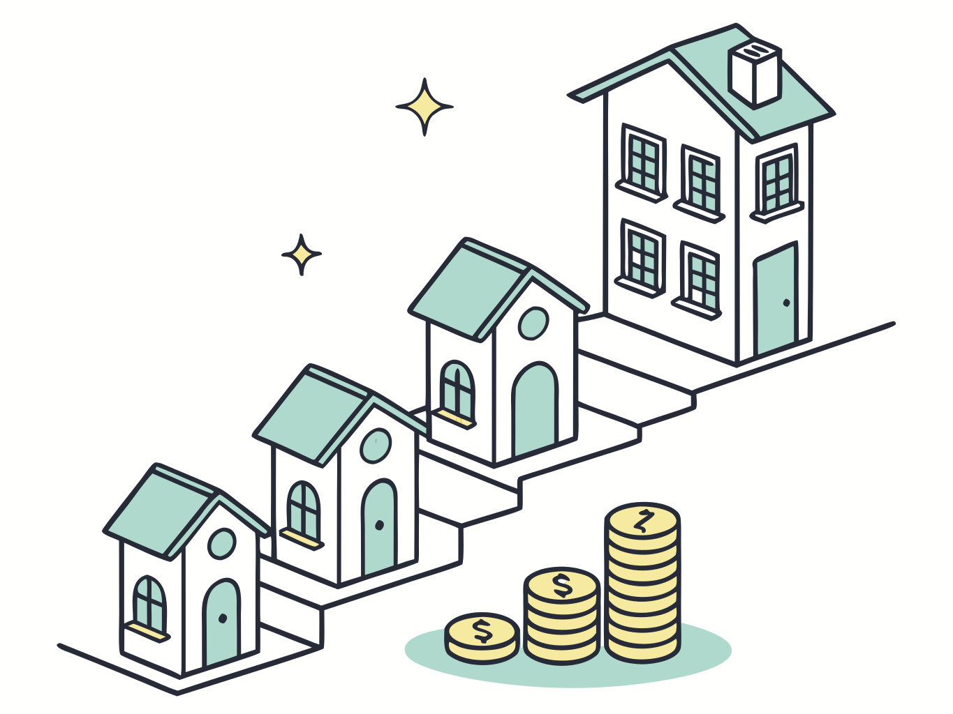 Ilustração vetorial de edifícios em escada crescente com moedas douradas ao lado de cada degrau