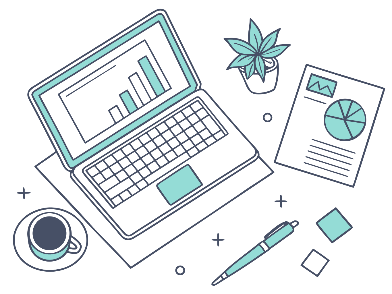 ilustração vetorial flat de mesa de escritório vista de cima com laptop, planta e papéis geométricos