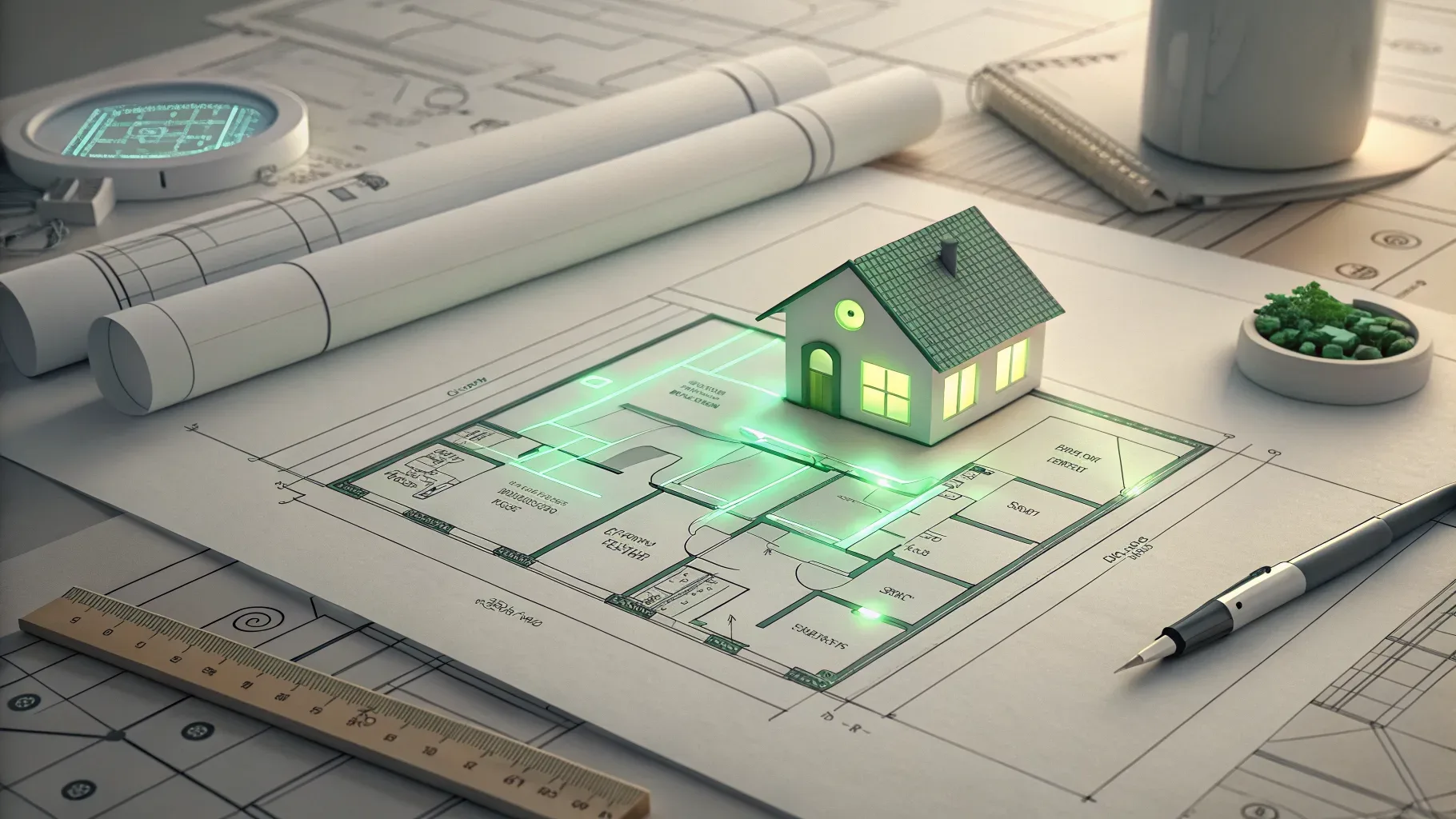 planta baixa arquitetônica com linhas em verde sobre superfície clara, estilo ilustração digital