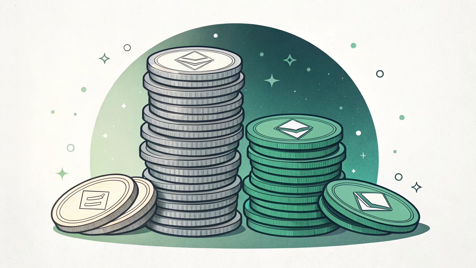 duas pilhas de moedas geométricas ilustradas, uma cinza e outra verde, representando diferença de custo entre modalidades de