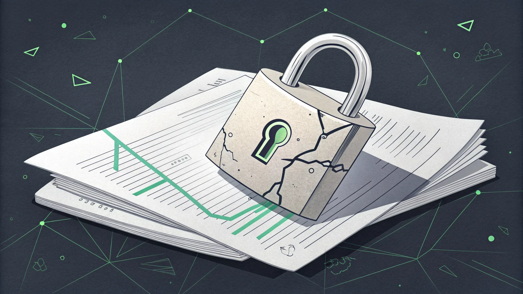 cadeado rachado sobre documentos dobrados com detalhes geométricos em verde, representando vulnerabilidade em transações