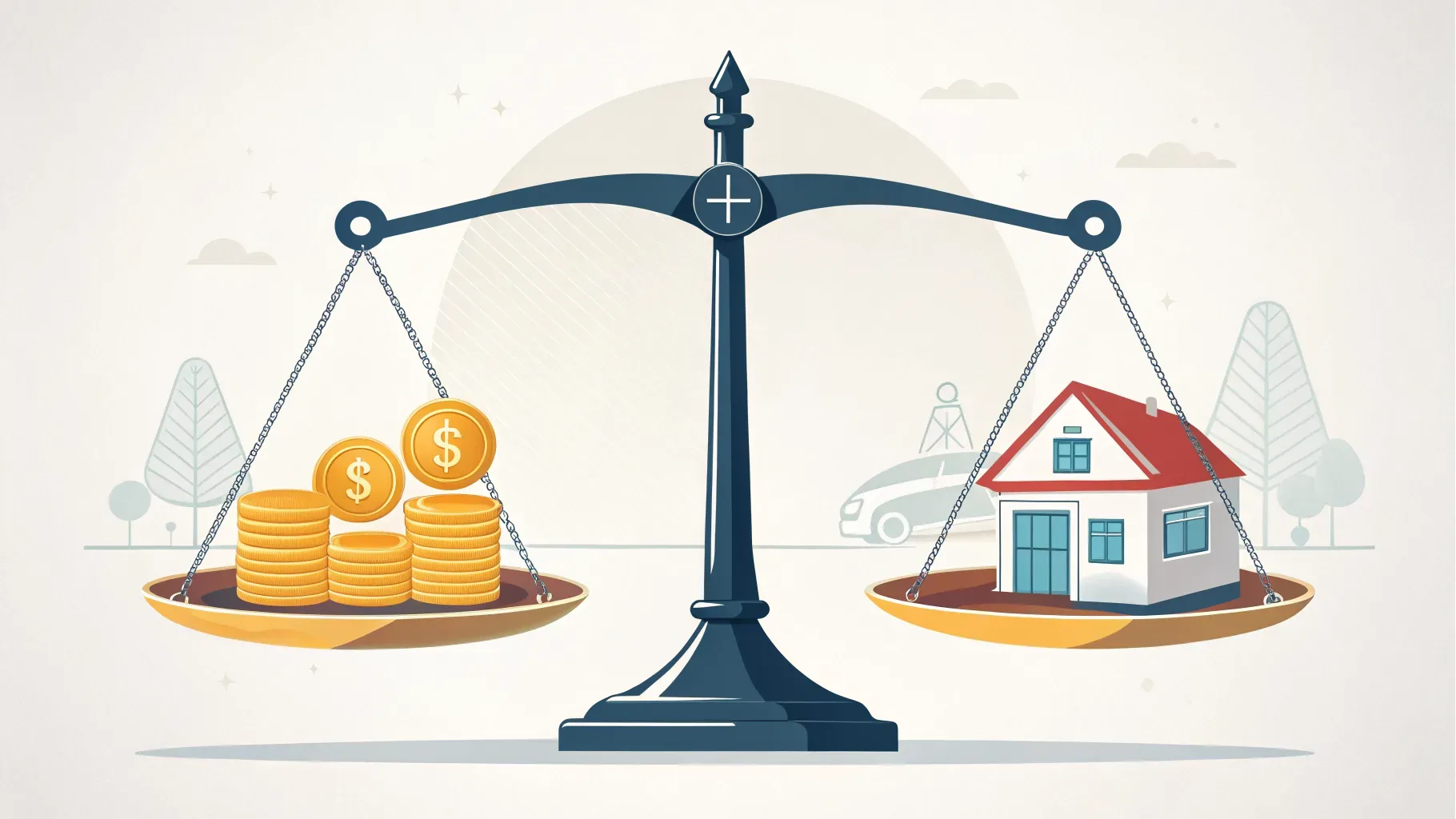 duas balanças estilizadas em equilíbrio sobre superfície branca, representando comparação entre duas opções financeiras