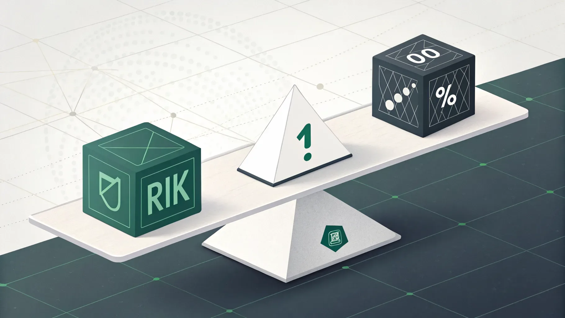 balança digital ilustrada com blocos geométricos representando risco e valor em equilíbrio