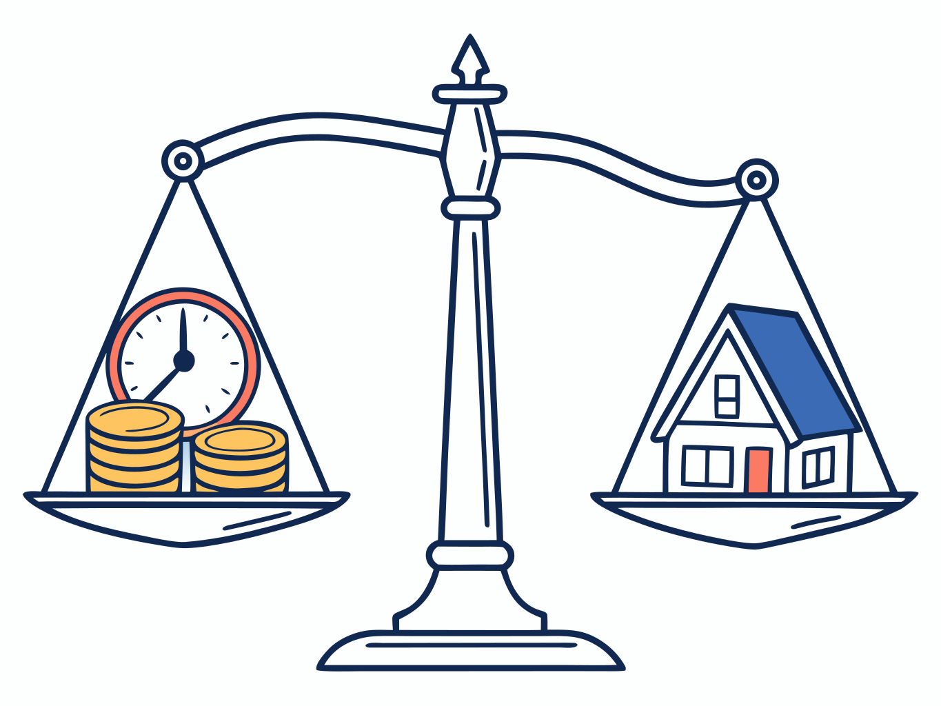 ilustração vetorial de balança equilibrada com moedas e relógio de um lado e prédio do outro