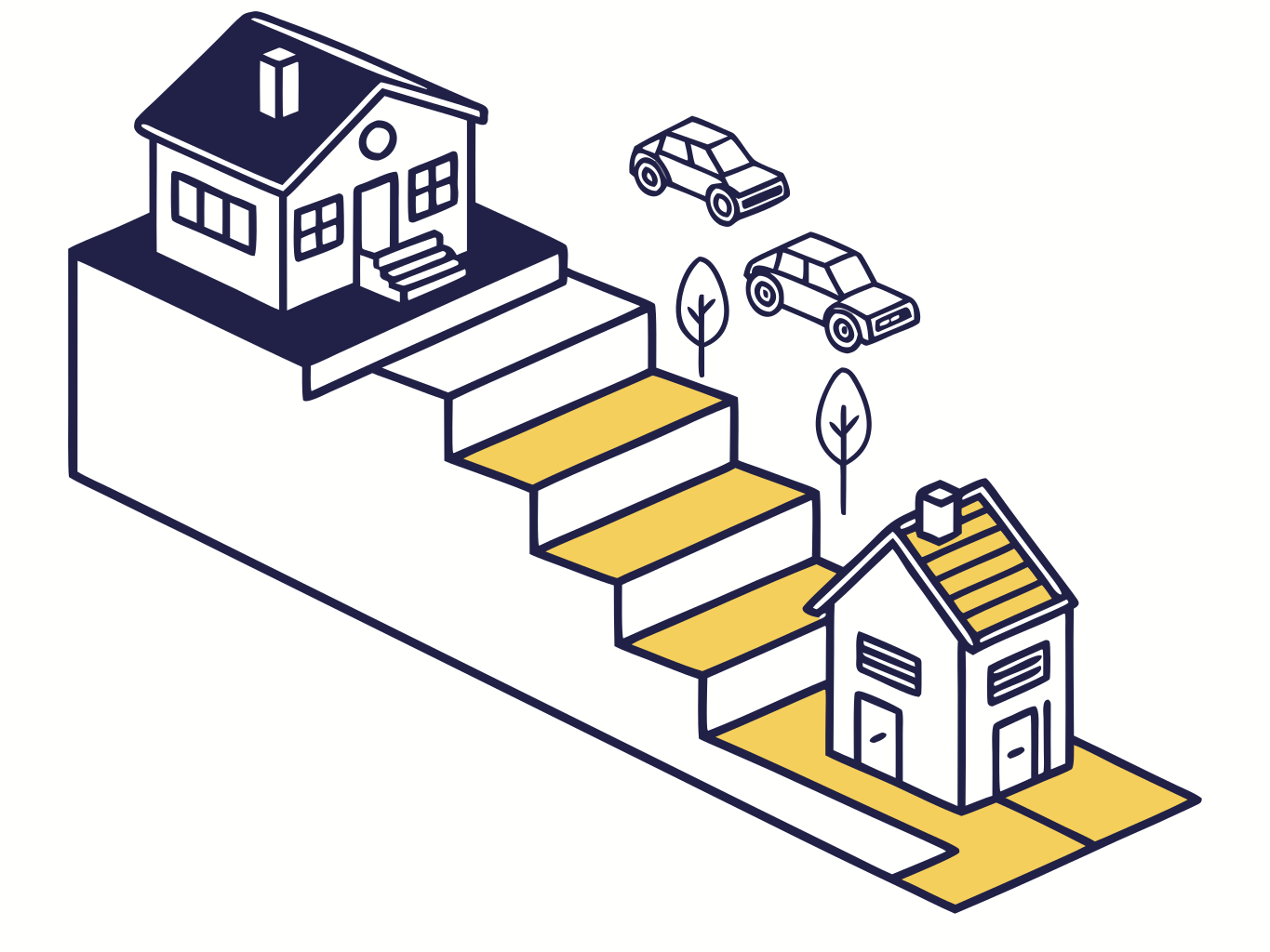 ilustração vetorial de escadaria formada por blocos empilhados com ícones de imóvel e veículo em cada degrau
