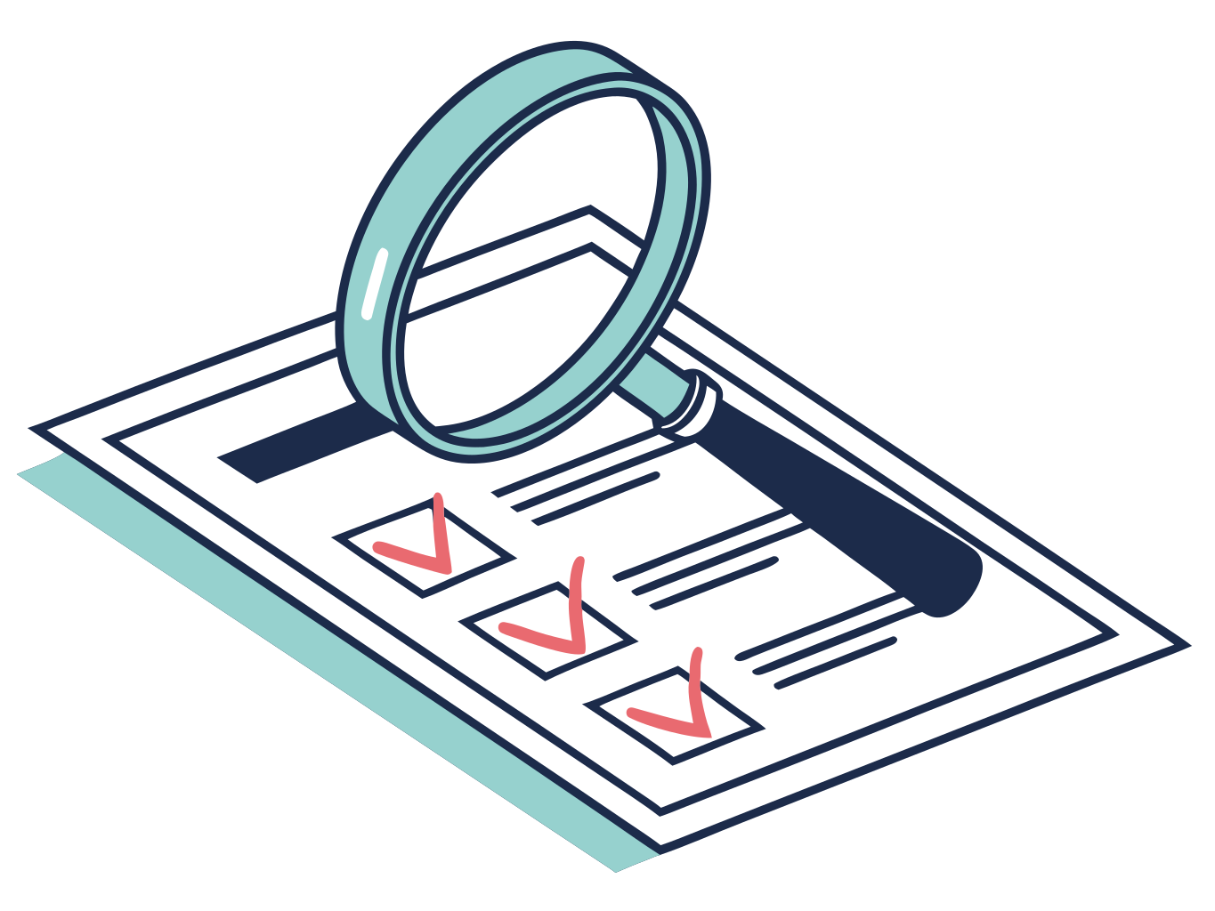 ilustração vetorial de lupa sobre documento de verificação em azul e cinza