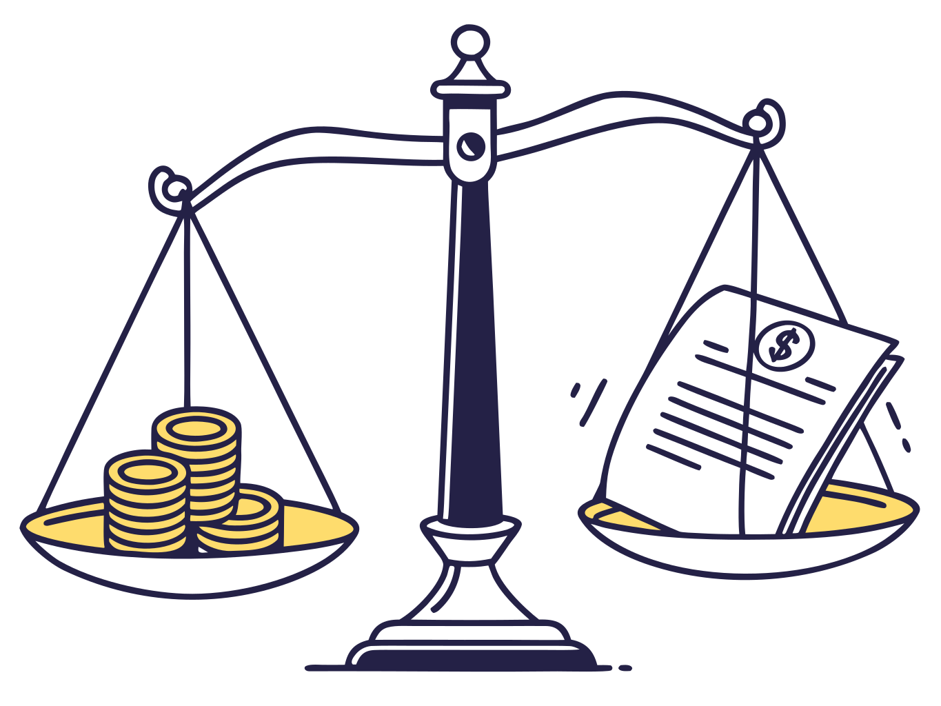 ilustração vetorial de balança com moedas de um lado e documento dobrado do outro, indicando diferença de valor