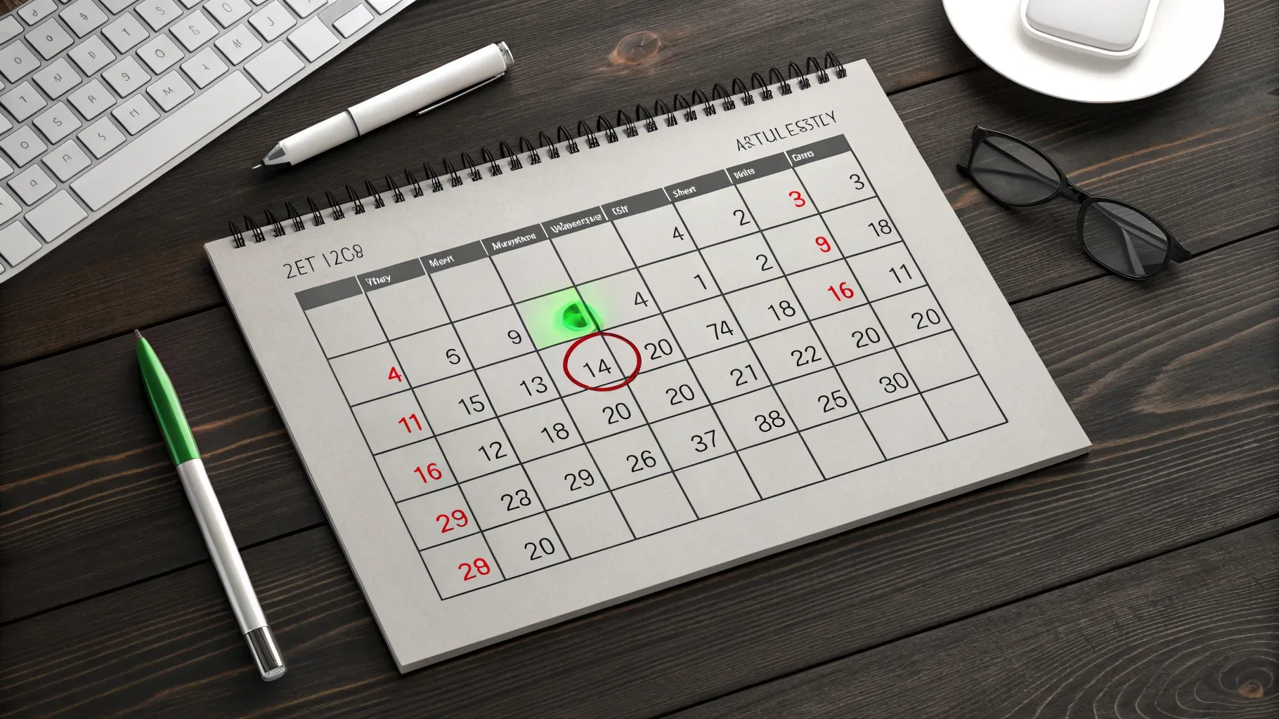 calendário com marcações em vermelho sobre mesa de madeira escura, vista de cima