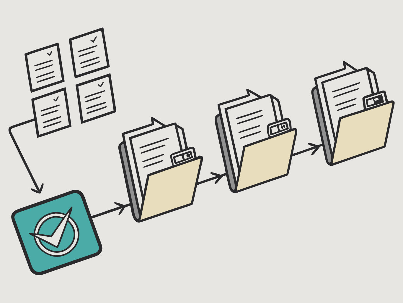 ilustração vetorial de seis pastas de documentos conectadas em sequência representando etapas de um processo