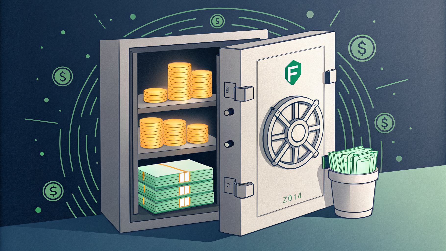 ilustração de cofre aberto com documentos e moedas, representando proteção de fundo financeiro