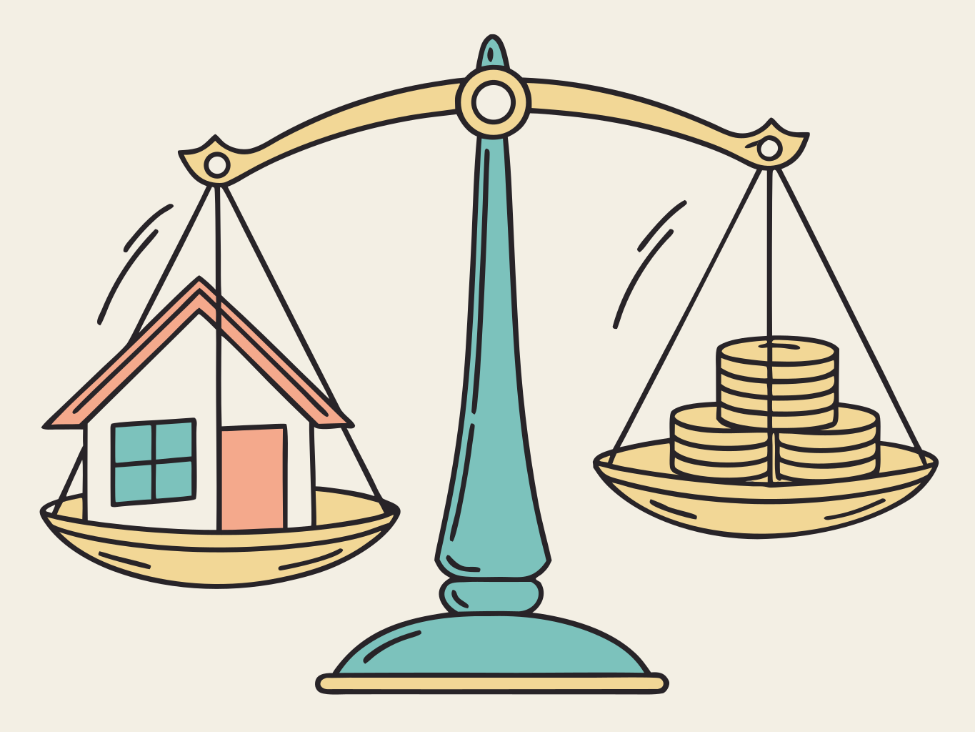 ilustração vetorial de balança em equilíbrio com ícone de casa de um lado e moedas do outro