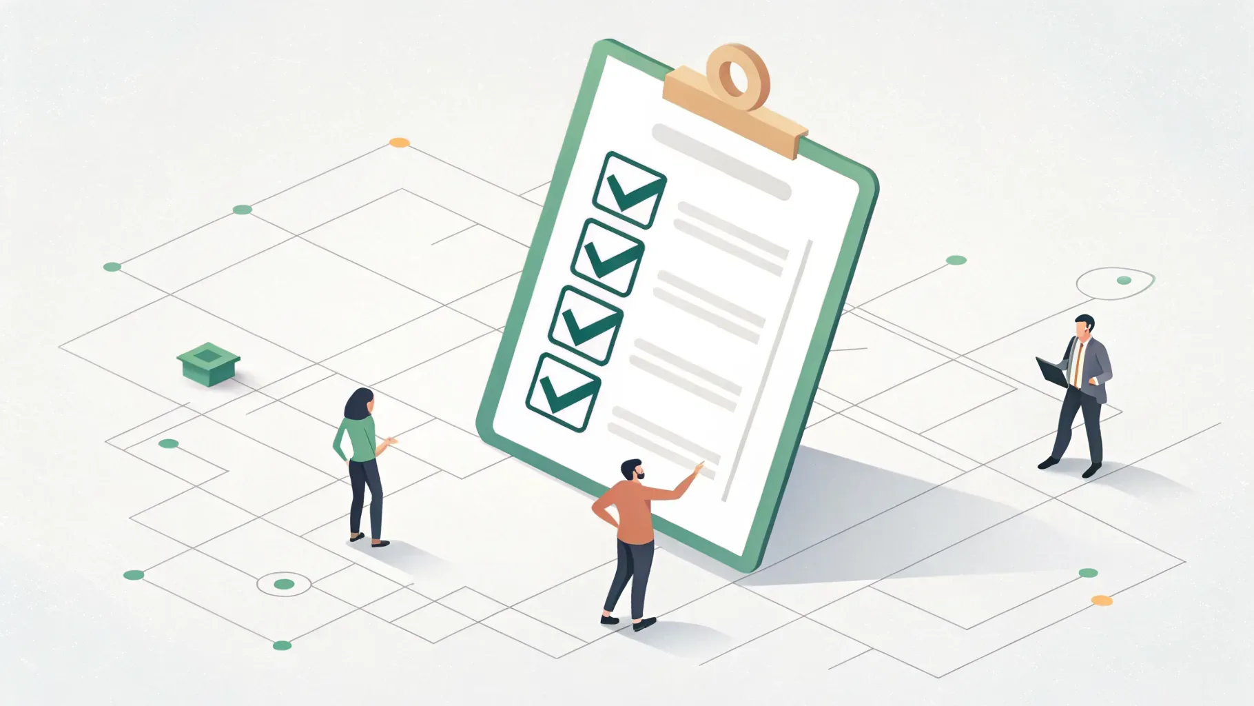 ilustração digital de prancheta com checklist e marcações em verde sobre fundo neutro