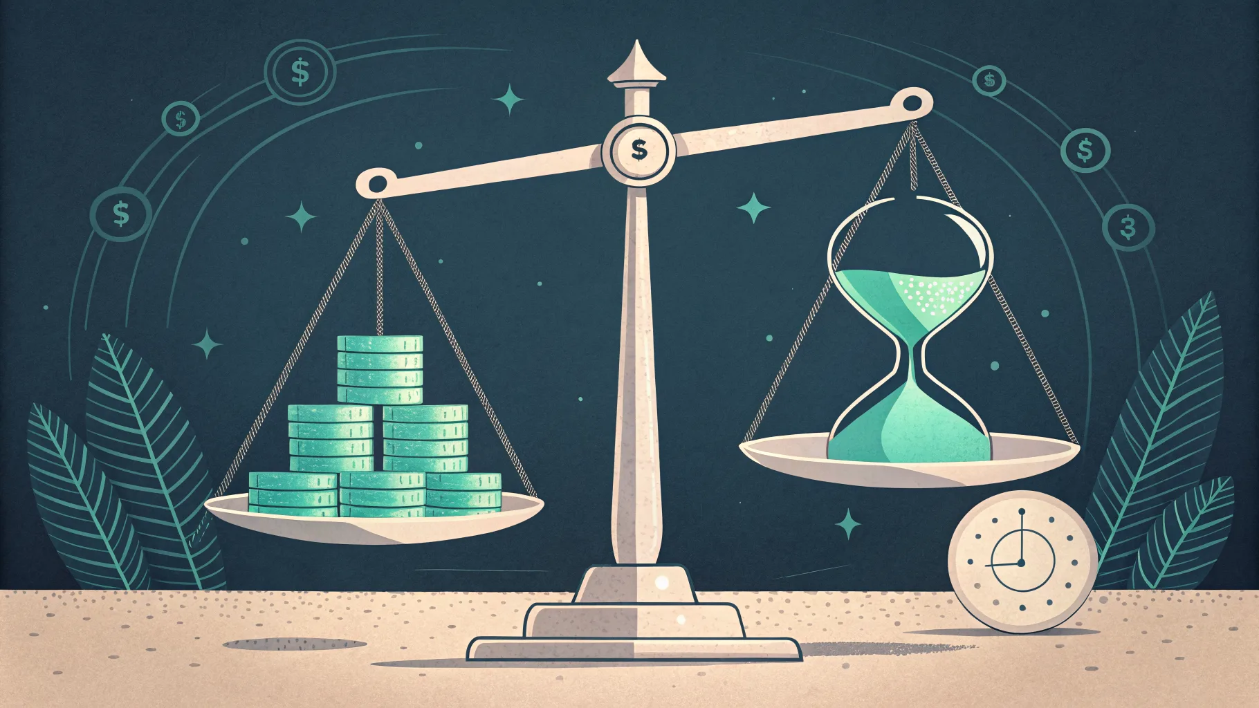 balança digital equilibrando moedas e ampulheta representando custo e tempo na decisão