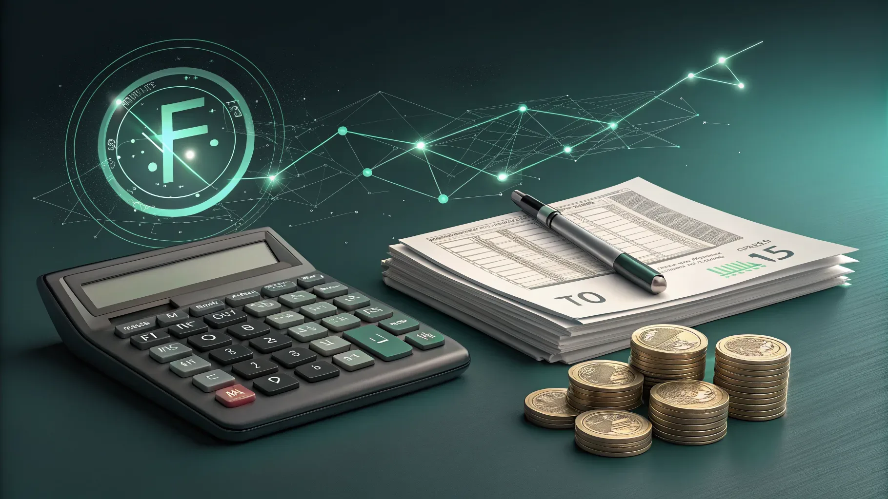 implicações fiscais do consórcio: ilustração digital de calculadora, documento fiscal dobrado e moedas empilhadas com linhas verdes brilhantes sobre fundo