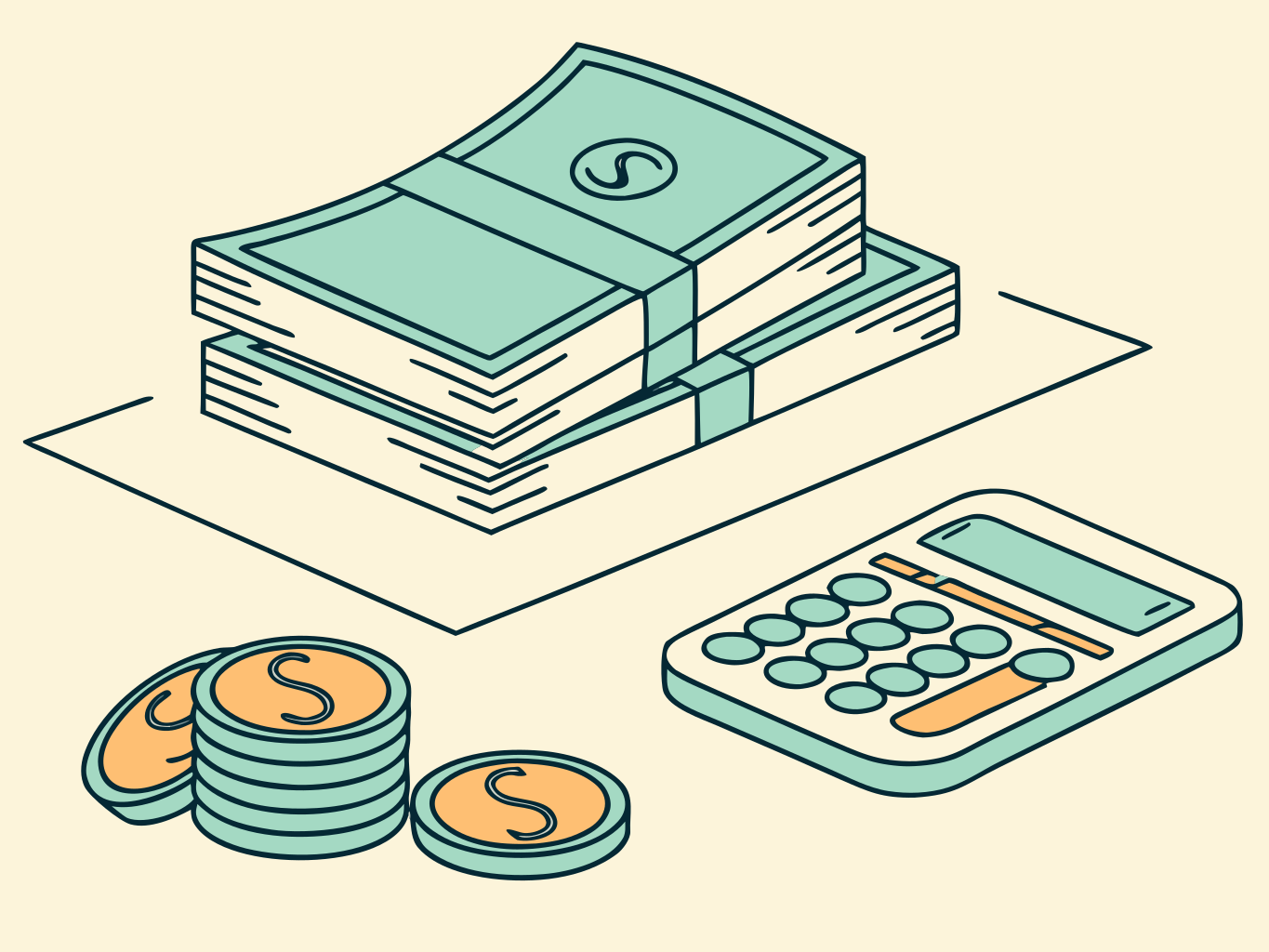 ilustração vetorial de documentos empilhados e calculadora sobre superfície clara representando cálculo financeiro
