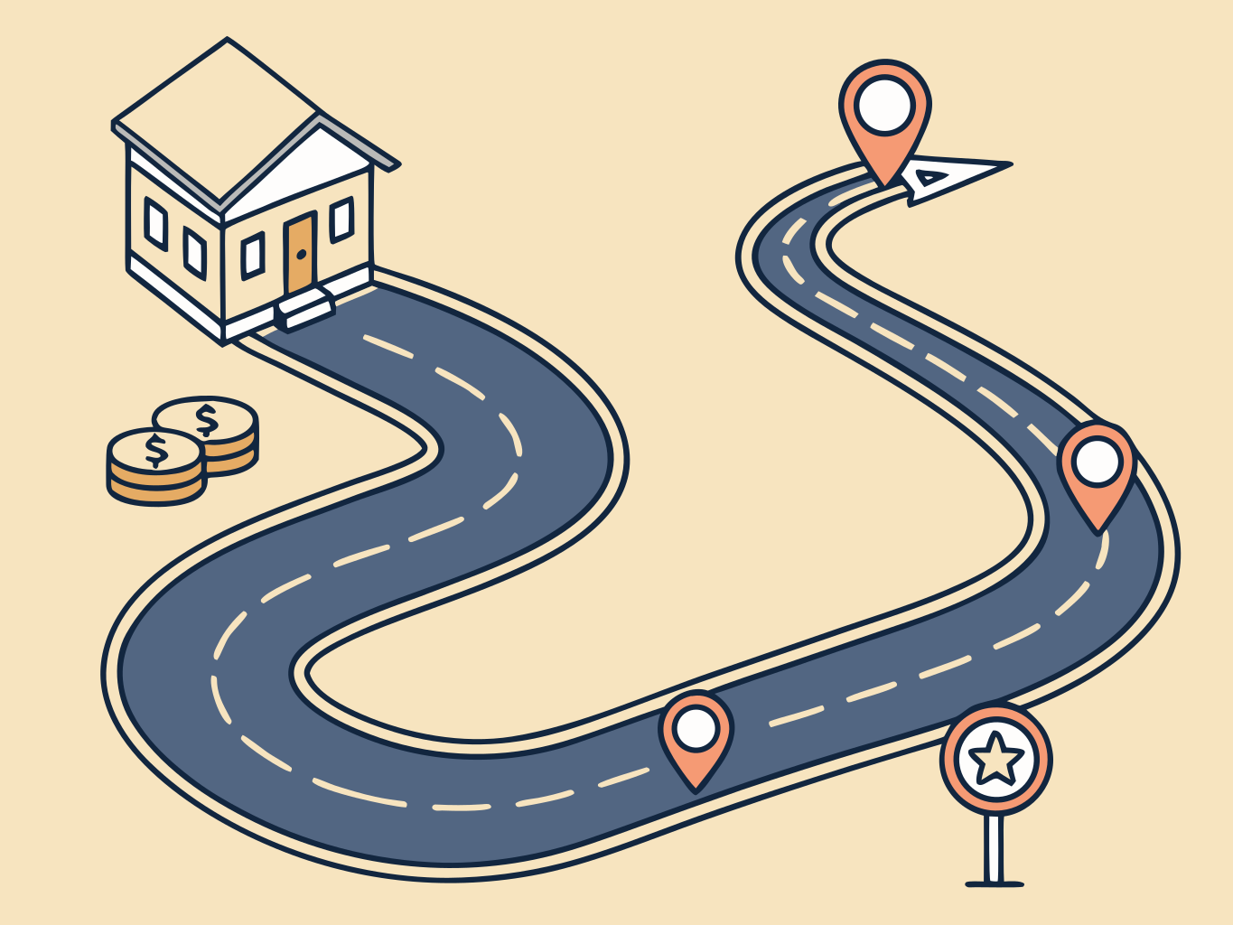 ilustração vetorial de linha do tempo como estrada com marcos representando etapas de planejamento financeiro