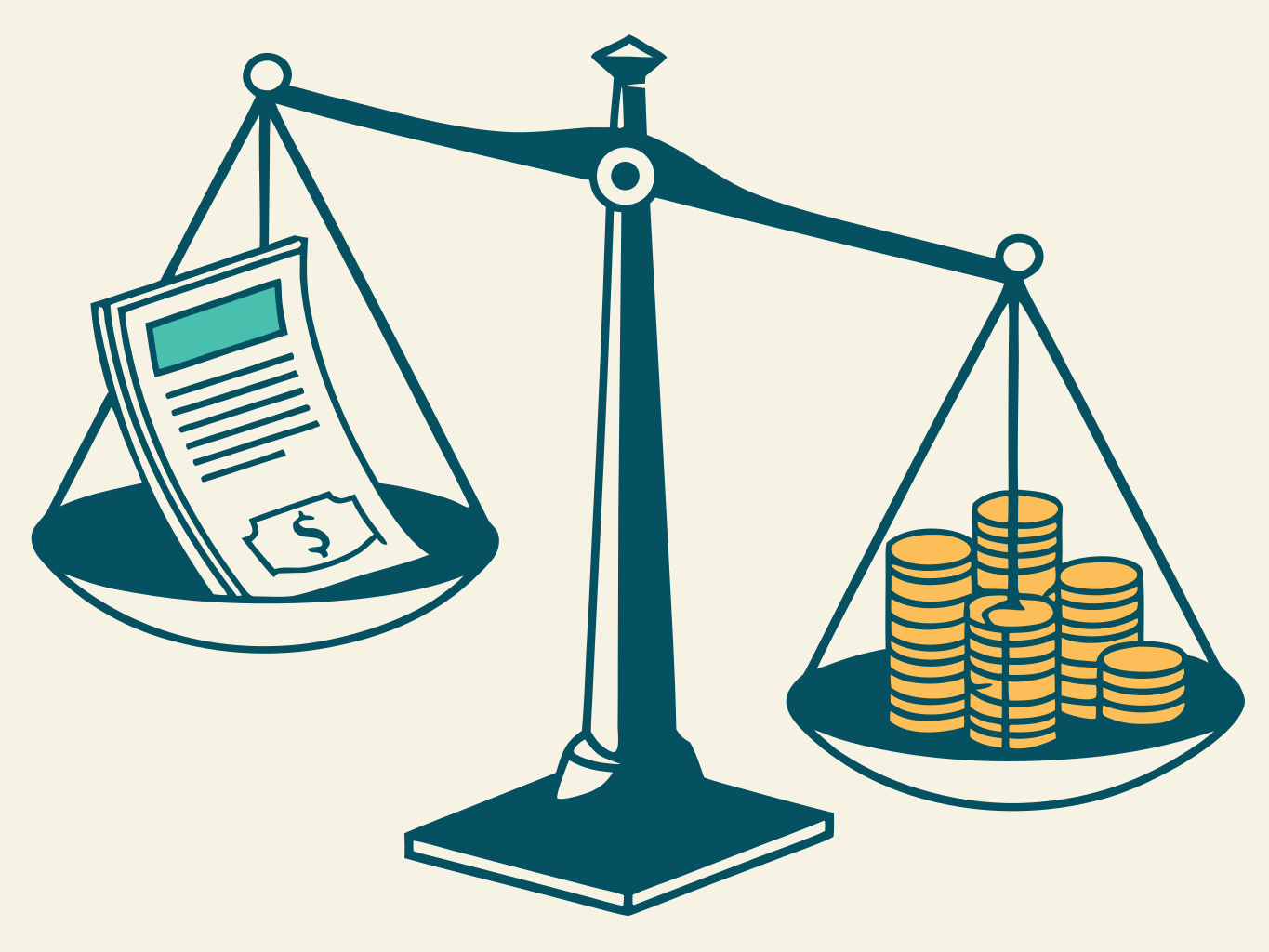 ilustração vetorial de balança com documentos e moedas representando equilíbrio financeiro em tons de verde e âmbar