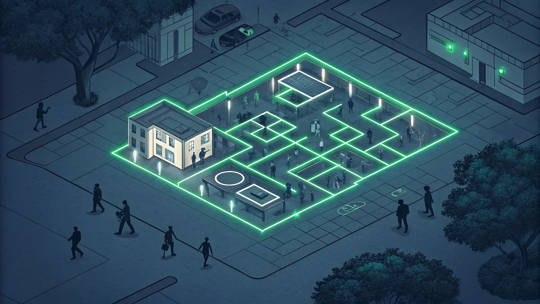 ilustração digital com planta baixa abstrata de múltiplas unidades imobiliárias vista de cima, linhas verdes sobre fundo azul
