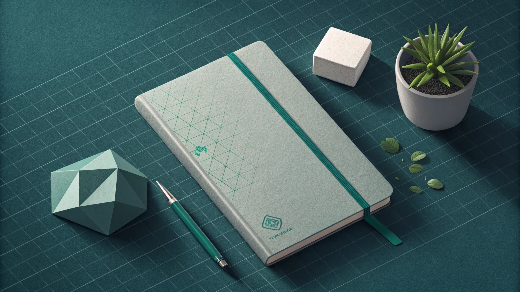 vista aérea de mesa minimalista com caderno fechado e marcador verde sobre fundo escuro texturizado