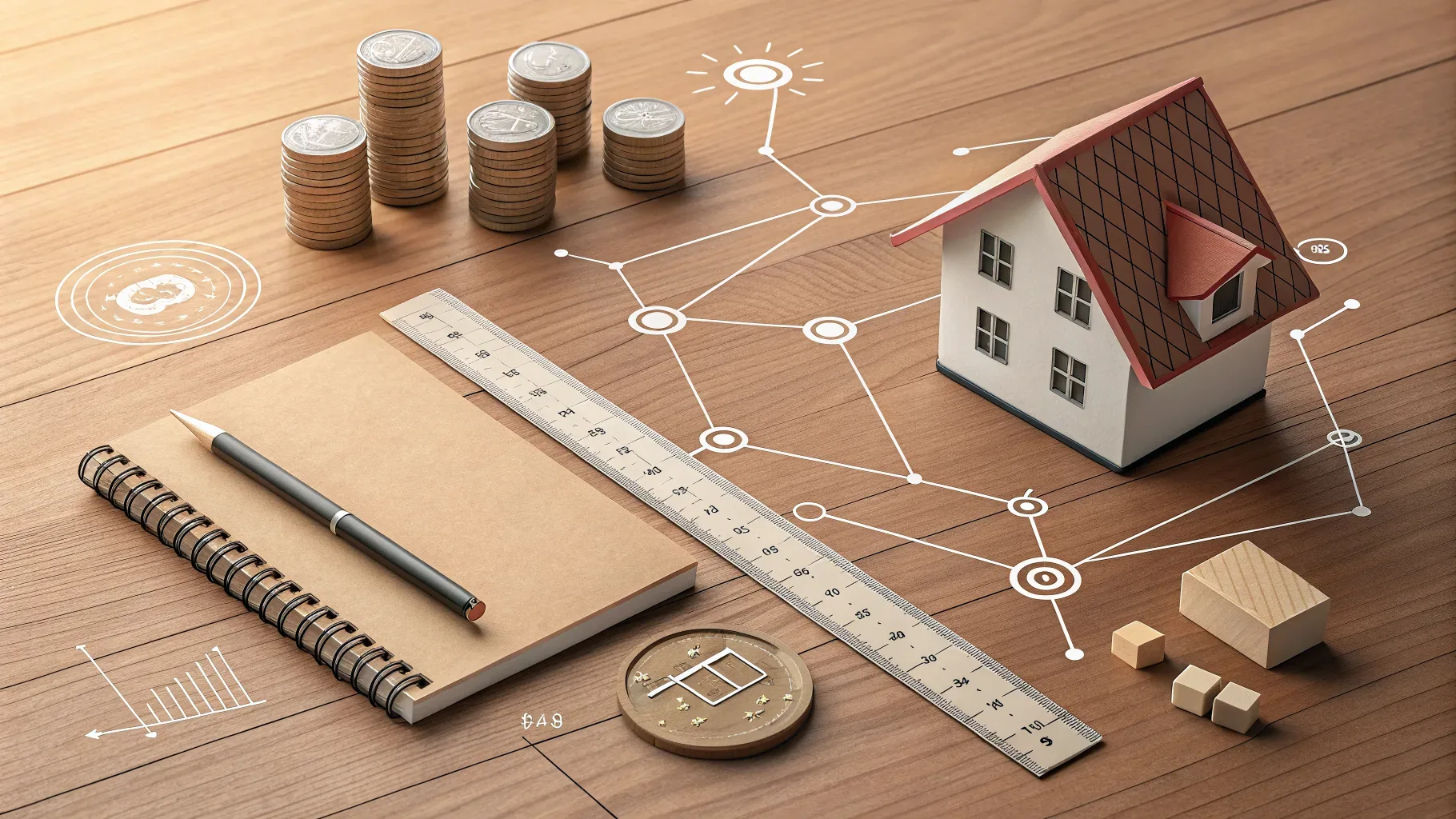 vista aérea de mesa com objetos de planejamento financeiro, moedas empilhadas e miniatura de imóvel