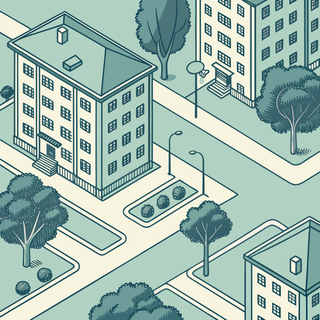 vista aérea de bairro residencial com prédios e ruas, ilustração vetorial flat em tons pastel