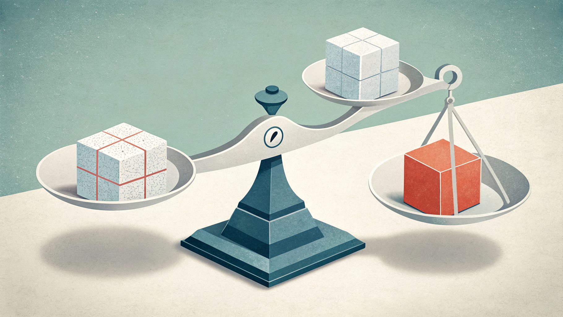 ilustração de balança equilibrada sobre mesa com elementos geométricos em verde