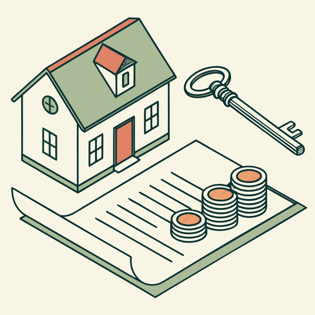 ilustração isométrica vetorial com chave, documento e miniatura de casa sobre superfície neutra