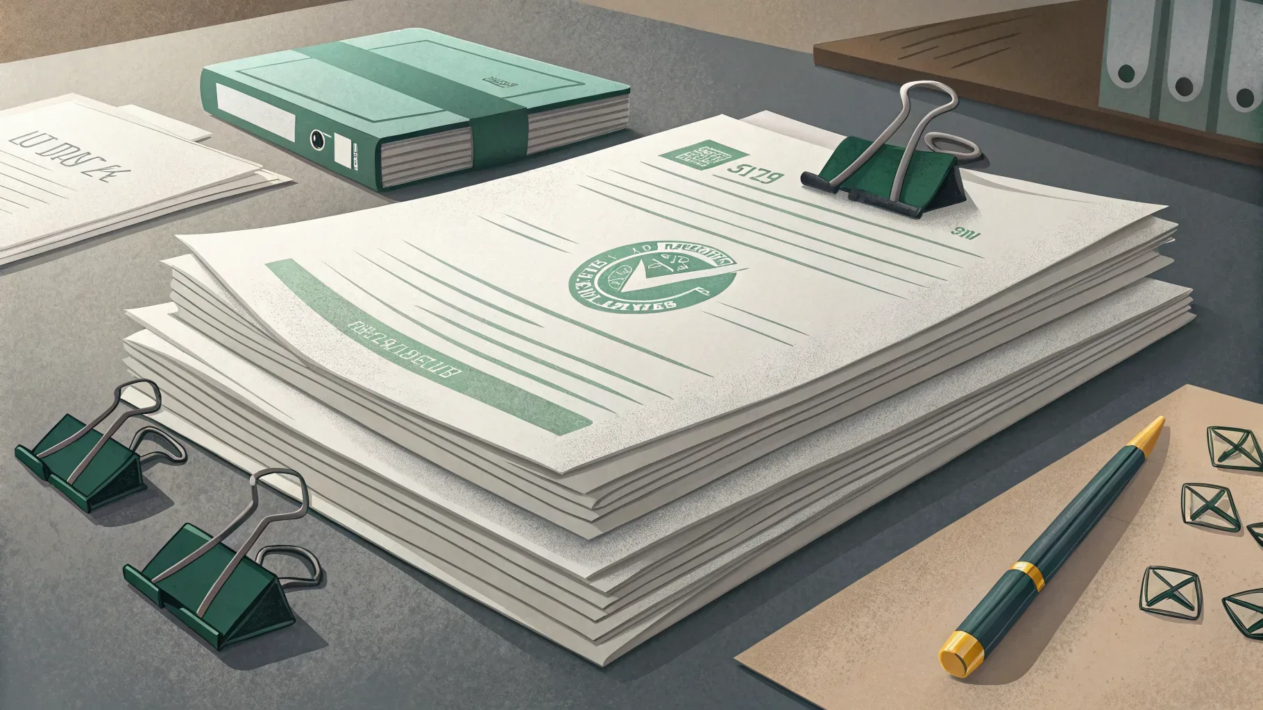 documentos empilhados com clipes e selos sobre mesa de escritório em perspectiva